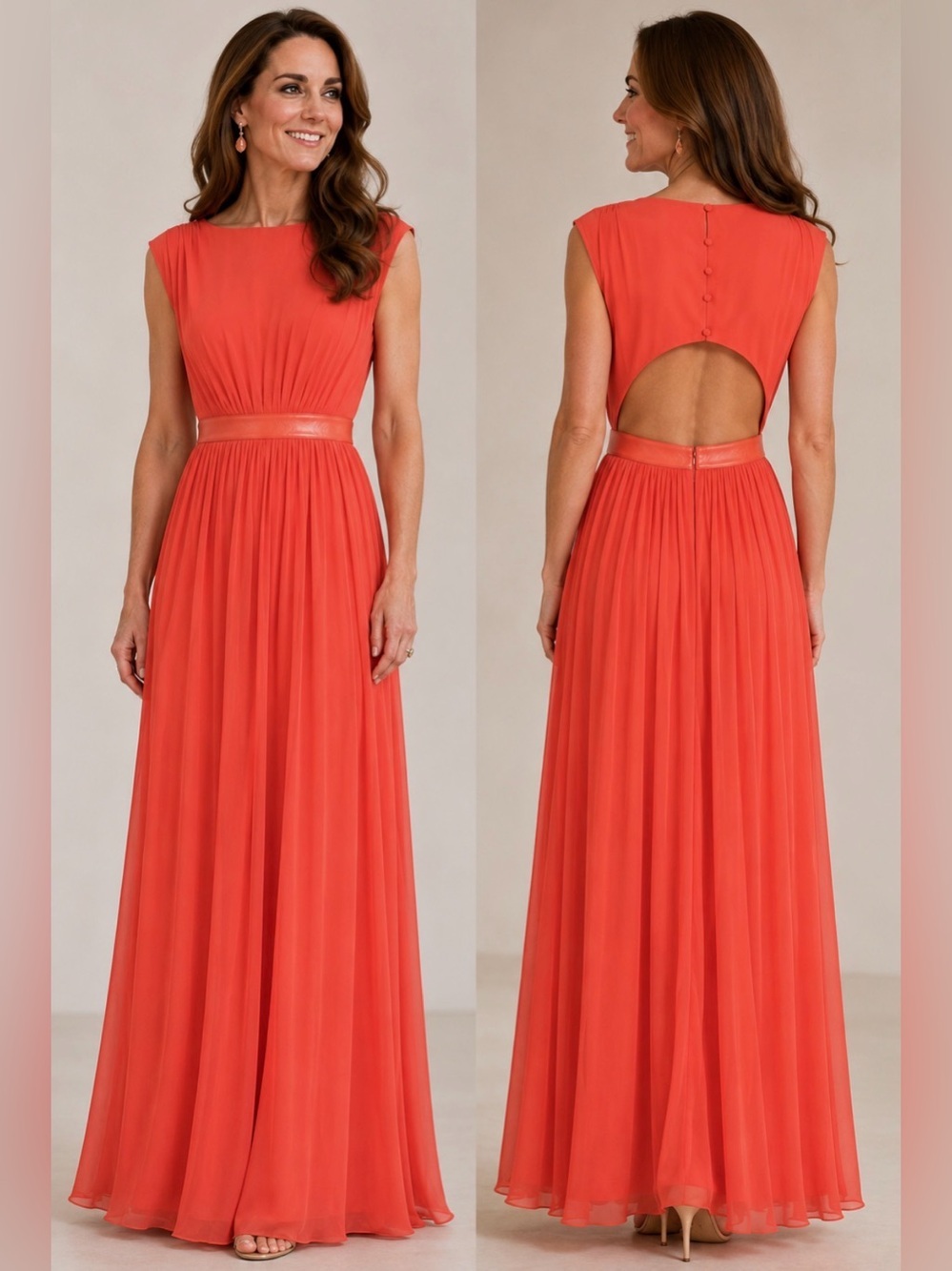 Alice + Olivia Triss Coral Silk Maxi Gown with Leather Trim Open Back Size 4
